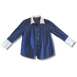 Striped Blue and White Button Up With White Collar and Cuffs